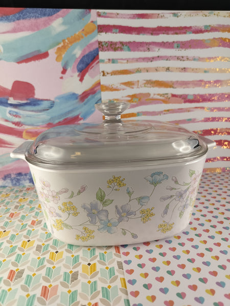 Vintage Corning A-3-B Pastel Floral Bouquet 3 qt Casserole Dish w/Matching Glass Lid, Nice & Clean