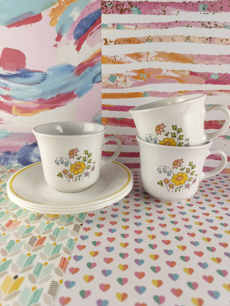 Vintage Corelle by Corning Spring Meadow Teacups + Yellow-Rimmed Saucers Set/3