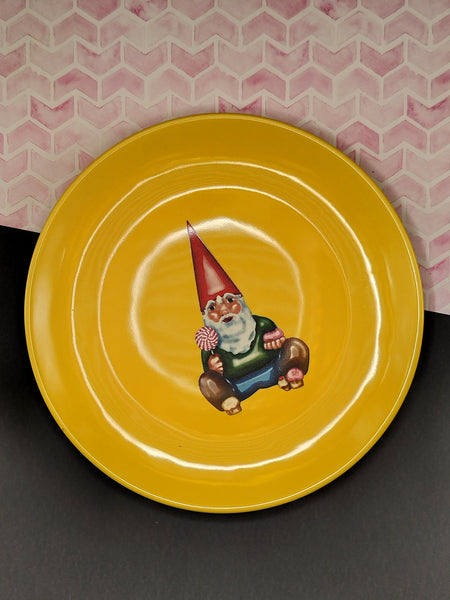 Kiss That Frog Garden Gnome Lollipop Yellow Plate 8", Like New