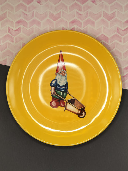 Kiss That Frog Garden Gnome Wheelbarrow Yellow Plate 8", Like New