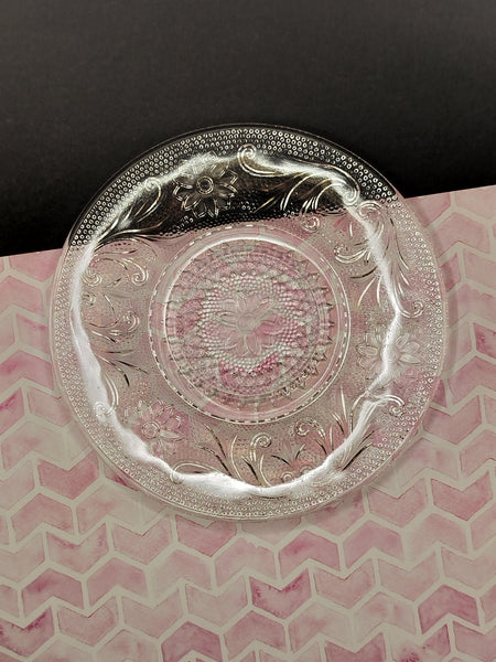 Vintage Indiana Glass Tiara Clear Embossed Floral Saucers Set/7, Like New