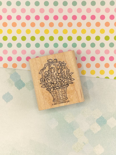 Vintage 2001 Stampin' Up! Flower Basket Wooden Block/Rubber Stamp