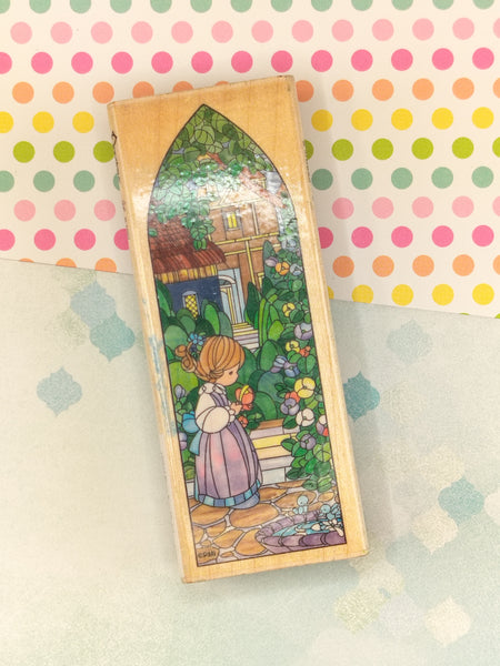 Vintage 1997 Precious Moments Stained Glass Window Garden Wooden Block/Rubber Stamp