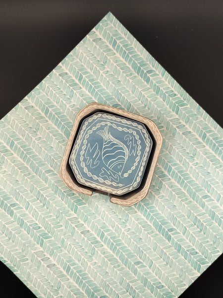 Ten Thousand Villages Marble Decorative Fish Coaster Set/4 w/Holder, Like New