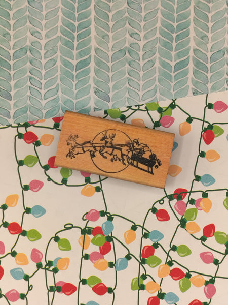 Vintage Christmas Santa's Sleigh Reindeer Wooden Block/Rubber Stamp
