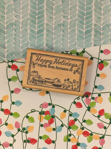 Vintage Delafield Stamp Co. Happy Holidays Wooden Block/Rubber Stamp CLEAN