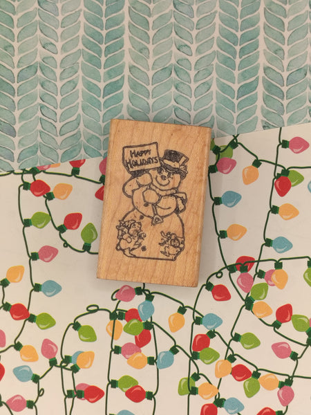 Vintage Unbranded Christmas Winter Snowman Happy Holidays Wooden Block/Rubber Stamp CLEAN