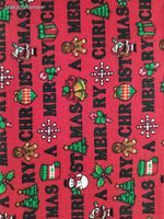 Vintage Holiday Red Merry Christmas Fabric Remnant, 19" x 32" W, CLEAN