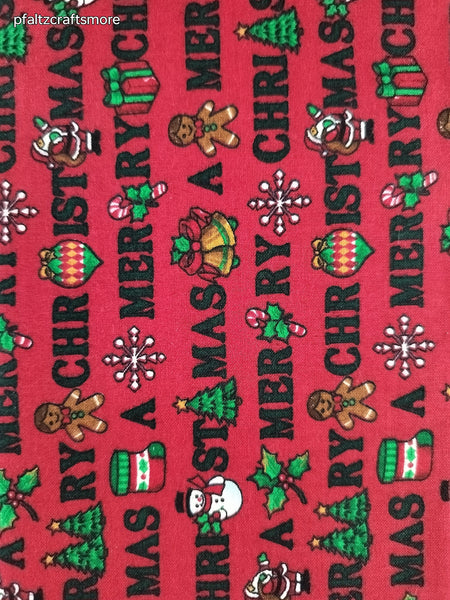 Vintage Holiday Red Merry Christmas Fabric Remnant, 19" x 32" W, CLEAN