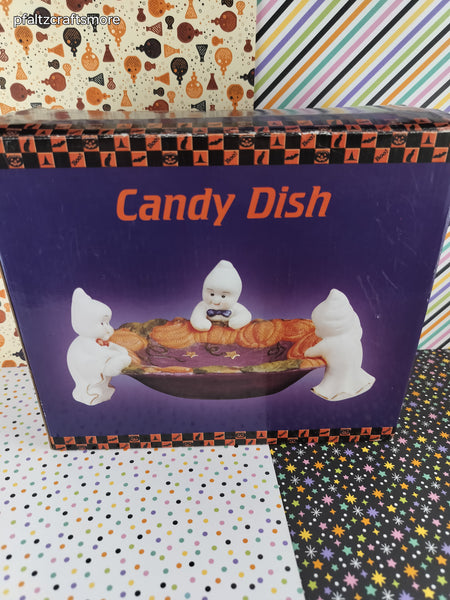 Vintage Halloween Cute Spooky Ghosts Porcelain Candy Dish 7" x 8.5" OPEN BOX