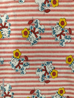 Vintage Cat w/Yellow Flower Red White Striped Fabric Remnant, 1-1/4 yd x 52" W