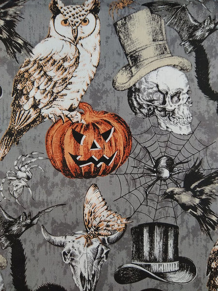Halloween JoAnn Fabrics Spooky Skulls Owls Pumpkins Fabric Remnant, 33" x 42" W - CLEAN, Nice