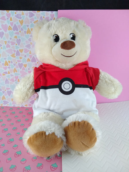 2019 White Teddy Build a Bear Plush w/Pokemon Pokeball Hoodie 15"