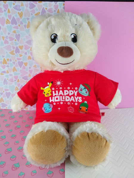 2019 White Teddy Build a Bear Plush w/Pokemon Christmas Happy Holidays Shirt 15"