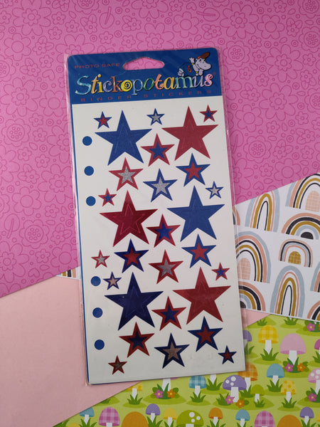 Vintage Stickopotamus Stickers, Patriotic Red White Blue Shimmer Stars, 1 Sheet New & Sealed