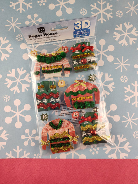 Paper House Ugly Christmas Sweaters Winter 3-Dimensional Sticker Pack, New/Sealed