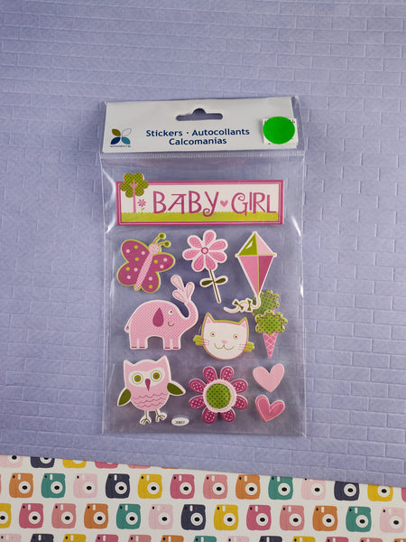 Momenta Sealed 3-D Sticker Sheet Unused, Baby Girl Pink Owl Cat Elephant