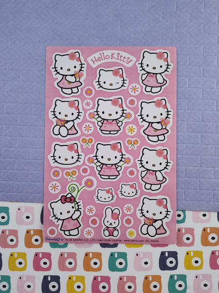 2008 Hello Kitty Full Sticker Sheet Bunnies Flowers, Unused & Clean; 4" x 6"