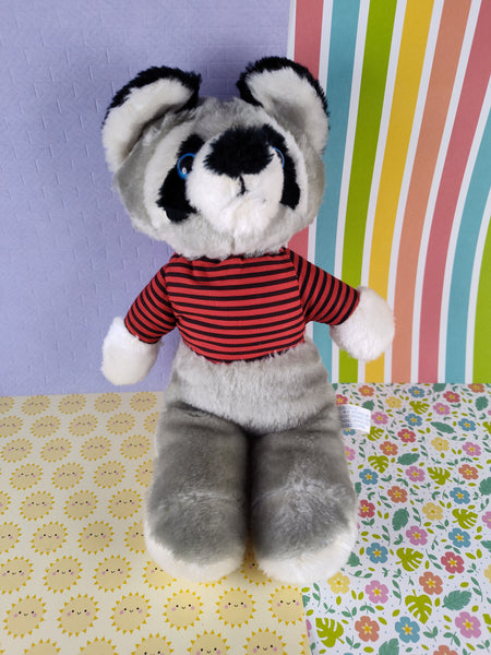 Vintage 1983 Interpur Raccoon Plush, Red/Black Striped Shirt 11.5”, Nice & Clean