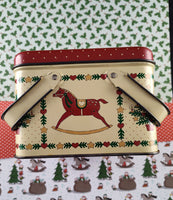 Vintage 1987 CHD Christmas Metal Tin w/Handles, Christmas Tree Rocking Horse