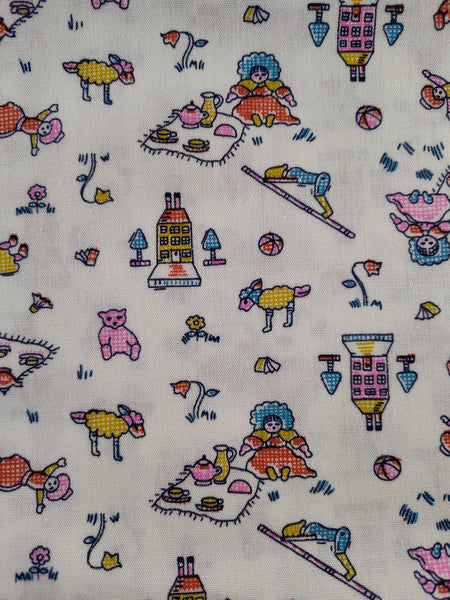 Vintage Japanese Doll Tea Party Spring Fabric Remnant 1-1/2 yd x 44" W, Nice & Clean