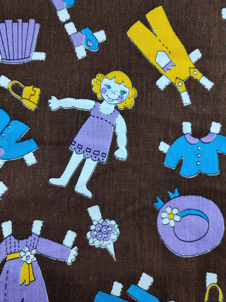 Vintage Paper Doll Cut-Out Brown Purple Blue Fabric Remnant 2-1/4 yd x 45" W, Nice & Clean