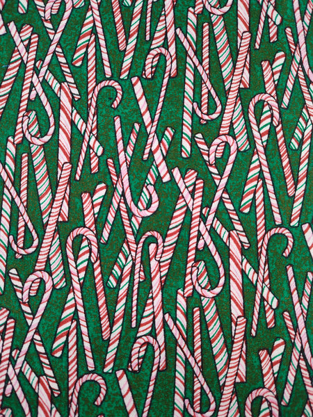 Vintage Christmas Green Background Candy Canes Fabric Remnant, 2 yd x 44" W