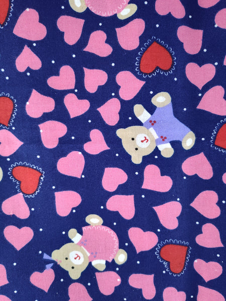 Vintage Teddy Bear Hearts Purple Pink Valentine's Peter Pan Fabric Remnant 3 yd x 45" W, Nice & Clean