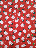 Vintage Christmas Red Miniature Snowmen Holly Snowflakes Fabric Remnant, 4 yd x 44" W