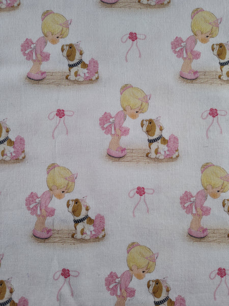 Vintage Precious Moments Ballerina Pink Puppy Bows Fabric Remnant, 17" x 40"