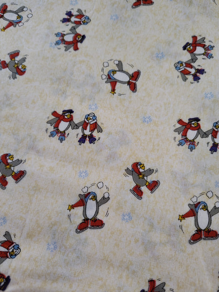 Christmas Winter Penguins Snow Ice Skating Fabric Remnant, 2-1/4yd x 44" W - CLEAN, Nice
