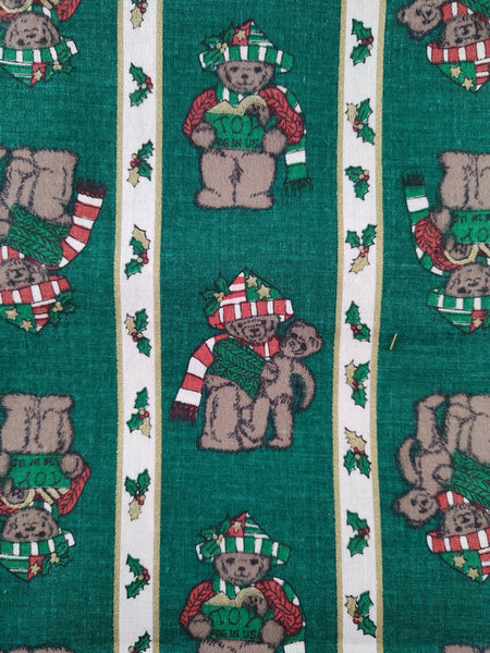 Vintage Christmas Green Red White Teddy Bear Mistletoe & Holly Fabric Remnant, 3-1/4 yd x 44" W