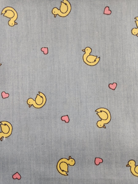 Vintage Ducks and Hearts Blue Yellow Pink Fabric Remnant 3 yd x 45" W, Nice & Clean