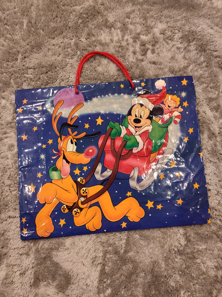 Vintage Christmas Mickey Mouse Pluto Santa Sleigh Large Gift Bag, Nice & Clean