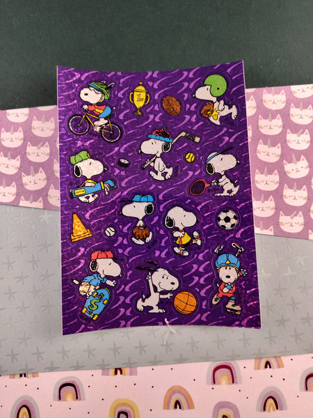 Vintage 1990's Sandylion Peanuts Snoopy SHINY Purple Sports Full Sticker Sheet, Clean & Unused