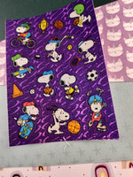 Vintage 1990's Sandylion Peanuts Snoopy SHINY Purple Sports Full Sticker Sheet, Clean & Unused