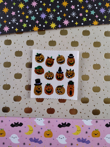 Vintage Sandylion Halloween SHINY Stickers Spooky Silly Jack-o-Lantern Pumpkins, 1 Mod Unused