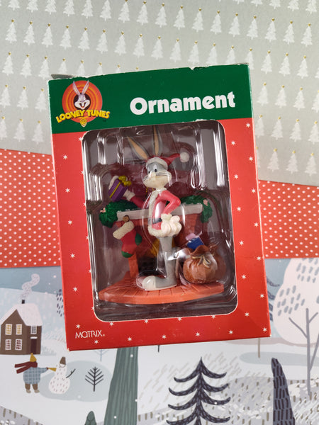 Vintage 2000 Looney Tunes Christmas Ornament Bugs Bunny Fireplace Presents NIB