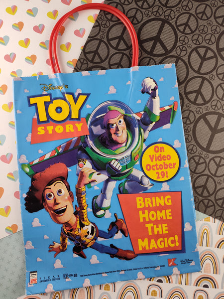 Vintage 1990's Toy Story Blue Buzz Lightyear Woody the Cowboy Decorative Gift Bag, 10.5" Tall, Clean