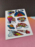 Vintage SHINY Stickers Colorful Space Rockets Hot Air Balloons Space, Unused