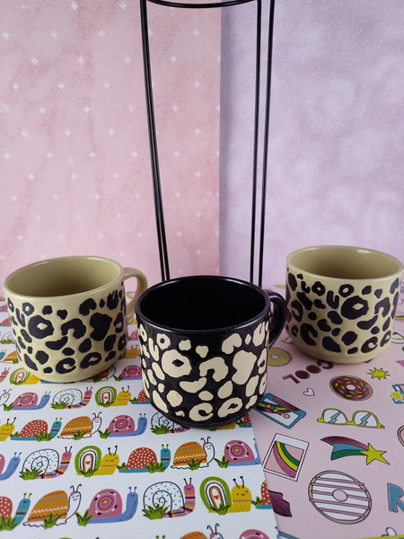 Owl Stacking Coffee Mugs Leopard Print Tan & Black Set/3 with Metal Holder Rack