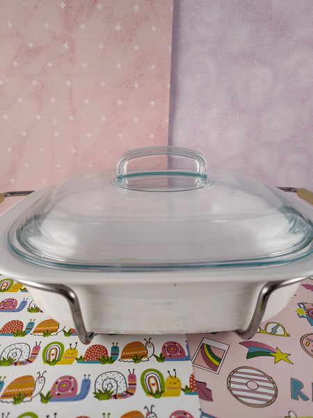 Vintage CorningWare SimplyLite 2.5qt Casserole Dish 3pc Set w/Lid & Serving Cradle, Nice/Clean