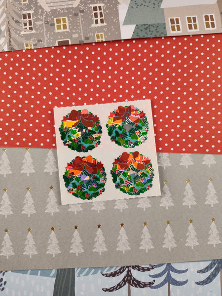 Vintage Sandylion Christmas SHINY Stickers Holiday Wreaths w/Bows, 1 Mod Unused