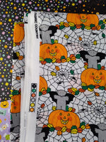 Vintage Halloween Spooky Silly Pumpkins Vampire Animals Fabric Remnant 2 yd x 45" W, Nice & Clean