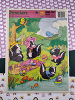 Vintage 1991 Picnickers Animals Skunk Family Golden Cardboard Frame-Tray Puzzle, Nice & Clean