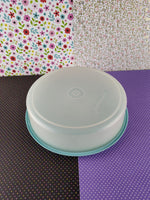 Vintage Tupperware Round Container Clear/Aqua Lid w/Tab #1405-15, Nice & Clean