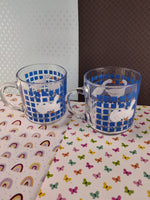 Vintage 1982 Carlton Luminarc Duck Goose Mugs Cup Set/2 Blue Clear Glass, Nice & Clean