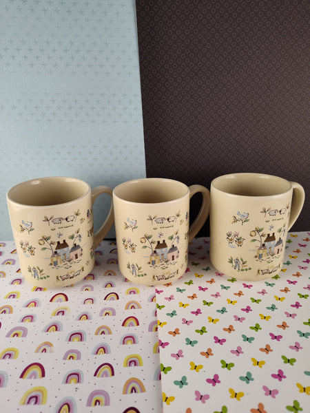 Vintage International Heartland Stoneware Amish Farmland Coffee Mugs Set/3, Like New