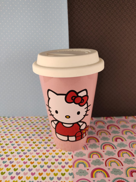 2012 Hello Kitty 12 oz Double Wall Ceramic Travel Mug with Silicone Lid, Pink