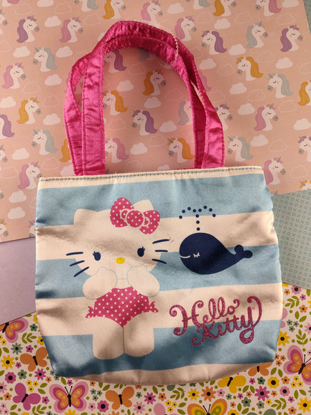 Hello Kitty Bag Girls Handbag, Pink Blue Satin-Style Nautical Cute Whale, Clean